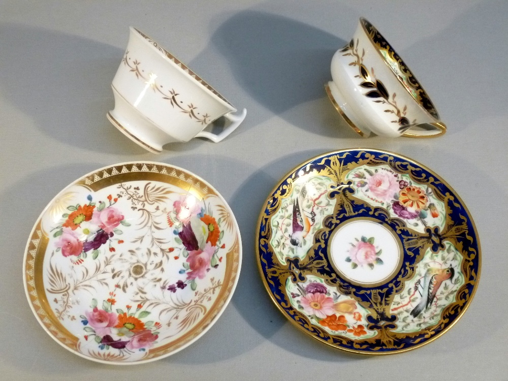 TWO LATER BONE CHINA BLUE AND GILT FLORAL PAINTED TEA CUPS AND SAUCERS, TWO COFFEE CUPS AND SAUCERS, - Image 15 of 19