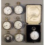 A SILVER HALF HUNTING WATCH AND SIX SILVER POCKET WATCHES, ONE CASED [7]