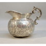 LATE C19th CONTINENTAL SILVER BALUSTER CREAM JUG WITH CHASED FLORAL AND SCROLL DECORATION AND A