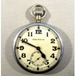 A JAEGER-LECOULTRE POCKET WATCH WITH AN OFF-WHITE CIRCULAR DIAL, SECONDS DIAL AND ARABIC NUMERALS