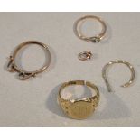 9ct GOLD SIGNET RING, CUT (6.9g), 9ct GOLD PENDANT SOVEREIGN HOLDER (1.2g) AND THREE OTHER ITEMS [