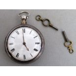 A GEORGE III PAIR CASED POCKET WATCH WITH A WHITE ENAMELLED CIRCULAR DIAL AND BLACK ROMAN NUMERALS