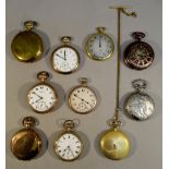 A WALTHAM GOLD PLATED POCKET WATCH IN A DENNISON CASE, THREE HUNTING WATCHES AND SIX OTHER POCKET