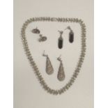 A SILVER MARCASITE NECKLACE STAMPED 925, LENGTH 47 cm TOGETHER WITH THREE PAIRS OF ART DECO STYLE