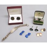 A SILVER IDENTITY BRACELET (55g), A PAIR OF CAITHNESS SILVER AND MILLEFIORI DECORATED CUFFLINKS,