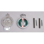 ROYAL EAST AFRICAN AUTOMOBILE ASSOCIATION CHROME CAR BADGE No. L566 AND AN INTELLIGENCE CORPS CHROME