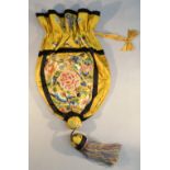 A C19th CHINESE FINELY EMBROIDERED IMPERIAL YELLOW DRAWSTRING BAG WITH TASSEL (71 cm x 37 cm