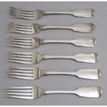 SIX VICTORIAN SILVER FIDDLE PATTERN TABLEFORKS, EACH INITALLED, FIVE BY WILLIAM EATON, LONDON 1842