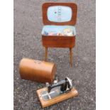 A VINTAGE HARRIS SEWING MACHINE AND A VINTAGE SEWING BOX, WITH CONTENTS [2]