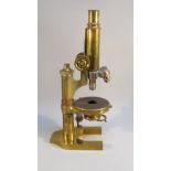 A LATE C19th BRASS MICROSCOPE BY OTTO HIMMLER. BERLIN N.14160 LACQUERED BRASS, HORSE SHOE FOOT,