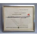 A CONCORDE G-BBDG FLIGHT CERTIFICATE DATED 7th AUGUST 1974, SIGNED BY BRIAN TRUBSHAW, DIRECTOR OF