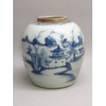 A LATE C19th CHINESE PORCELAIN BALUSTER VASE PAINTED WITH BLUE AND WHITE BUILDINGS IN A RIVER