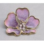 A 9ct GOLD ENAMEL FLORAL PIN BROOCH SET FIVE DIAMONDS (5/16th ct), BY NG (8.8g GROSS)