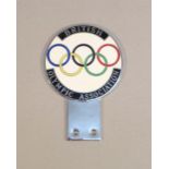 A CHROMIUM PLATED BRITISH OLYMPIC ASSOCIATION CAR BADGE WITH THE OLYMPIC SYMBOL IN COLOURED ENAMELS,