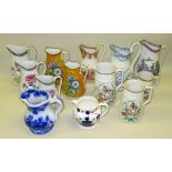 A SET OF THREE BOOTH'S AESTHETIC EARTHERWARE JUGS EACH WITH BIRD AND BUTTERFLY DECORATION, A SET