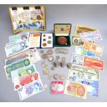COINS AND BANK NOTES INCLUDING A CANADIAN SILVER DOLLAR 1955 AND OTHER COINS, A BANK OF ENGLAND £5