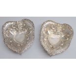 AN EARLY PAIR OF C20th AMERICAN GORHAM STERLING SILVER PIERCED HEART-SHAPED DISHES (24cm x 20.