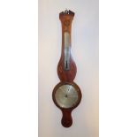 A GEORGE III 'SHERATON STYLE' INLAID WHEEL BAROMETER/THERMOMETER, MAHOGANY CASE WITH