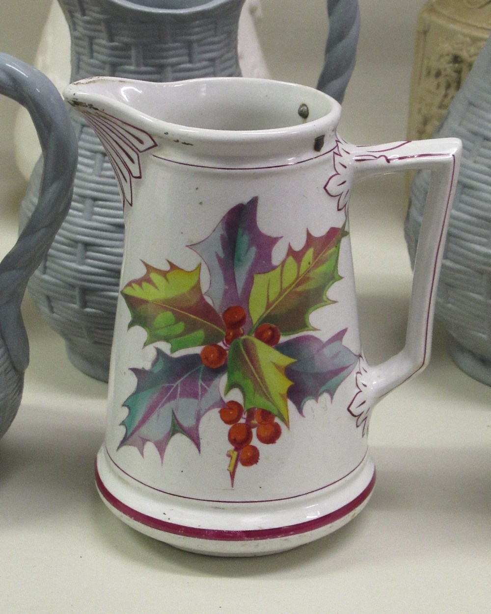 A SET OF THREE VICTORIAN SALT GLAZED BASKET-WEAVE PATTERN JUGS, MASON'S HUNTING JUG AND EIGHT - Image 5 of 5