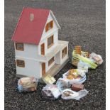 A WHITE PAINTED THREE STOREY DOLLS HOUSE BENEATH A RED ROOF (83cm x 74cm x 41.5cm) WITH A GARDEN AND