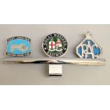 A CHROME RAC CAR BADGE, AN EAST ANGLIAN TRACTION ENGINE CLUB CAR BADGE AND A GREAT WESTERN RAIL