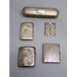 THREE SILVER CIGARETTE CASES, A SILVER HAIR BRUSH AND A PIERCED SILVER CARD CASE BY LAWRENCE