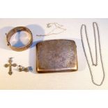 A SILVER CIGARETTE CASE, SILVER BANGLE, SILVER FILIGREE CROSS PENDANT, A PAIR OF MARCASITE