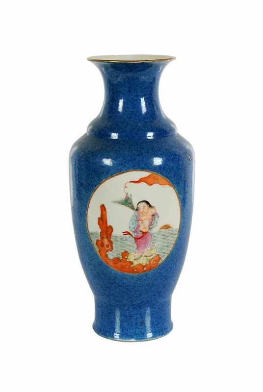 A porcelain powder blue baluster vase with a polychrome decor of two medallions depicting a