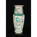 A polychrome porcelain hexagonal vase with a decor of various scenes with figures. China, 20th