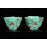 Two hexagonal porcelain green glazed bowls with a decor of butterflies and flowers. Marked with seal