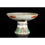 A polychrome porcelain tazza with an exterior decor of four bats and on the inner side a decor of