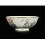 A polychrome porcelain bowl with a decor of flower pots and characters. Marked with four-character