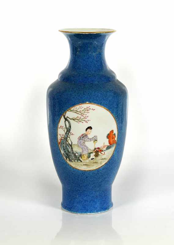 A porcelain powder blue baluster vase with a polychrome decor of two medallions depicting a - Image 2 of 2