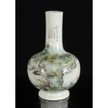 A polychrome porcelain longneck vase with a decor of a mountain landscape, a river with fishermen