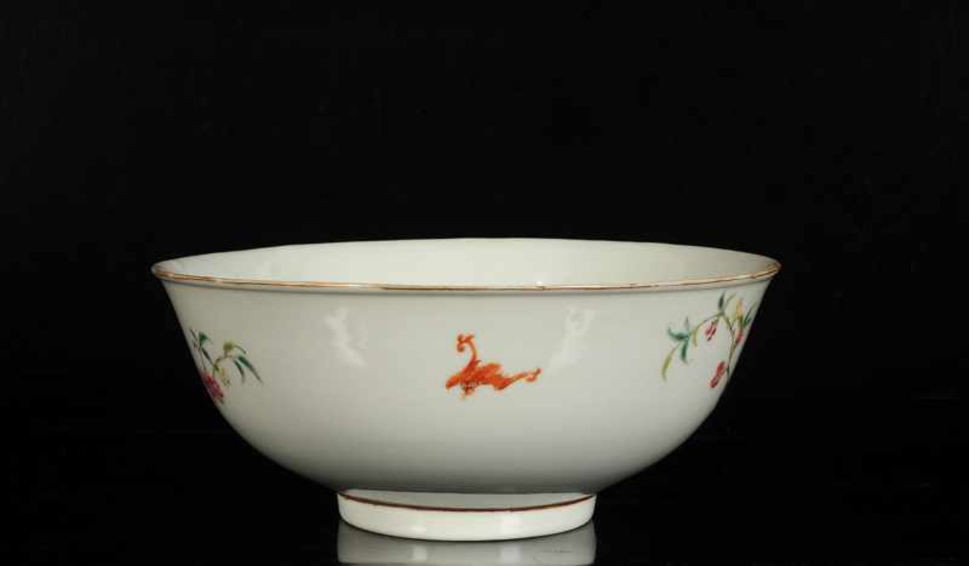 A polychrome porcelain bowl with a decor of peaches and cranes. Marked with six-character mark - Image 3 of 4
