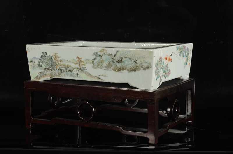 Porcelain jardinière on wooden pedestal with various decors of mountain landscapes, birds on - Image 3 of 5
