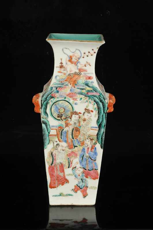 A polychrome porcelain square vase with a decor of figures in various scenes. China, 20th century. - Image 2 of 2