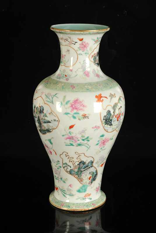 A polychrome porcelain baluster vase with a decor of medallions with flowers, birds, river landscape - Image 4 of 4