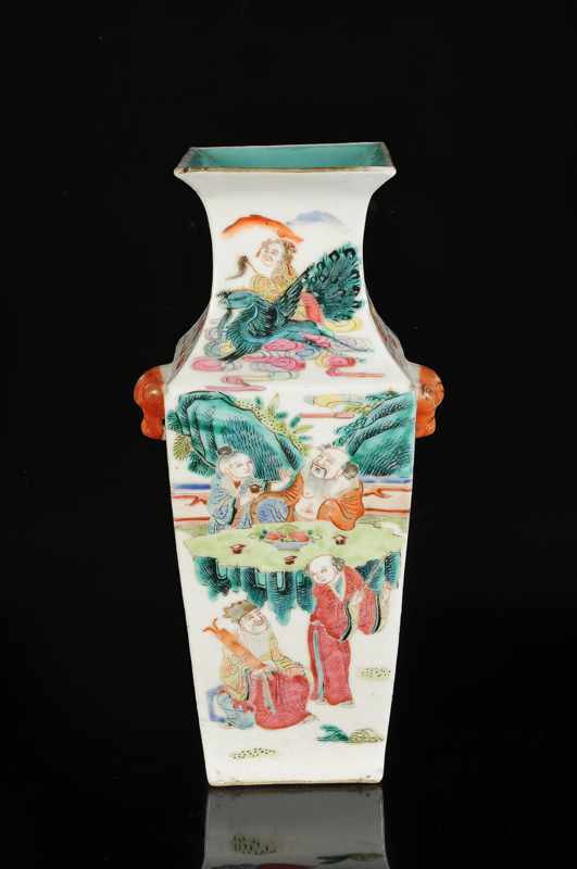 A polychrome porcelain square vase with a decor of figures in various scenes. China, 20th century.