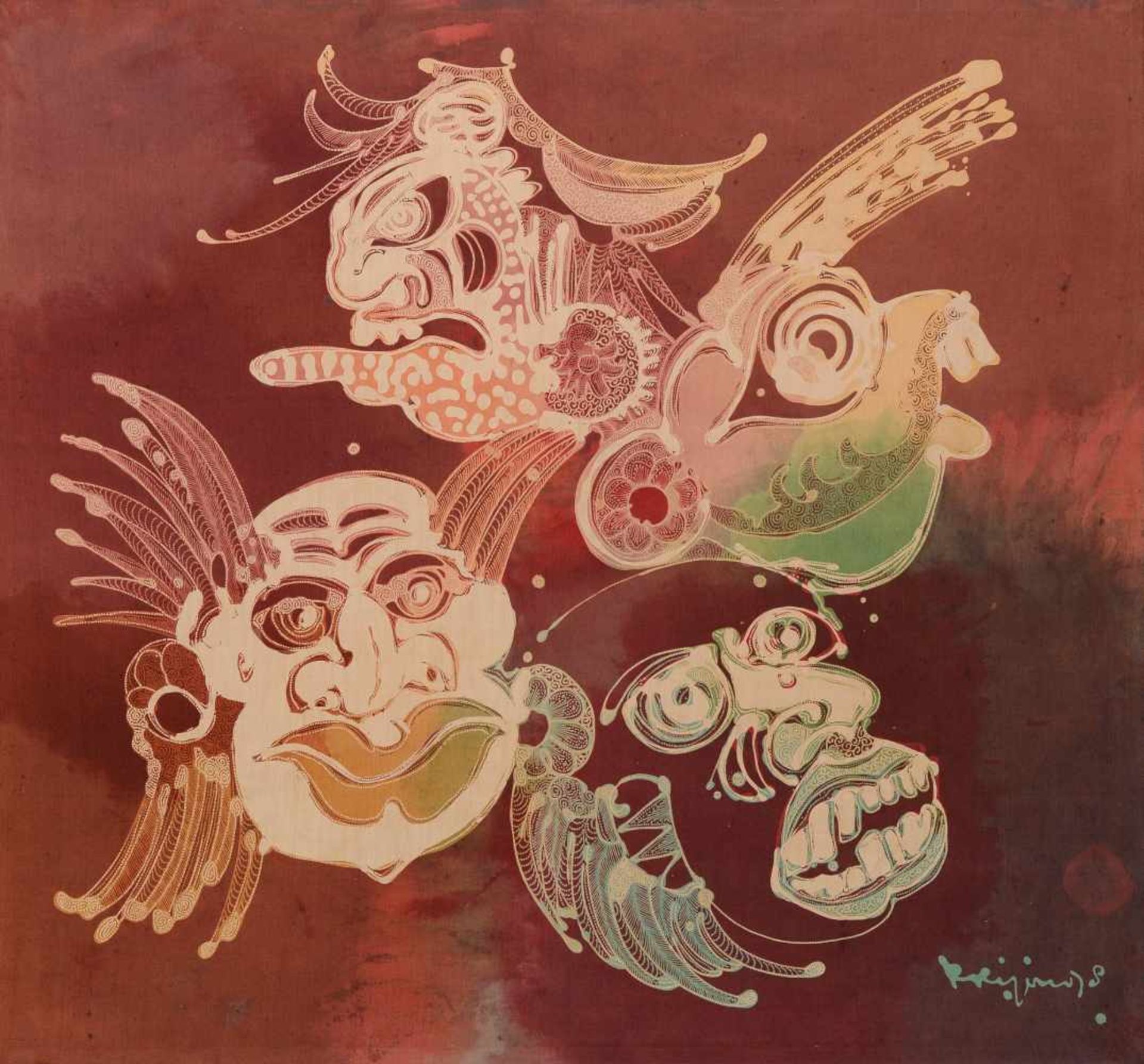 Krijono (1951-2011) 'Masks', signed and dated '79 lower right, batik on canvas. 79 x 85 cm.