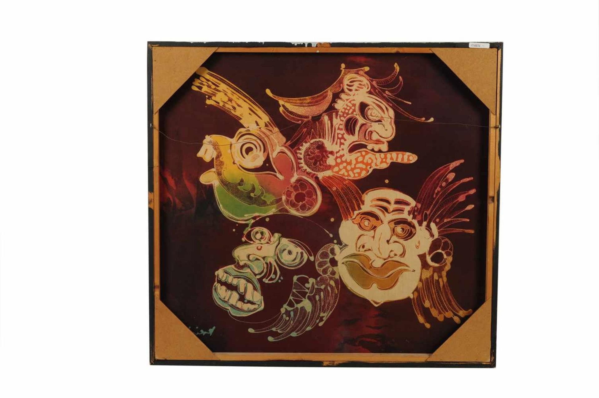 Krijono (1951-2011) 'Masks', signed and dated '79 lower right, batik on canvas. 79 x 85 cm. - Image 4 of 4