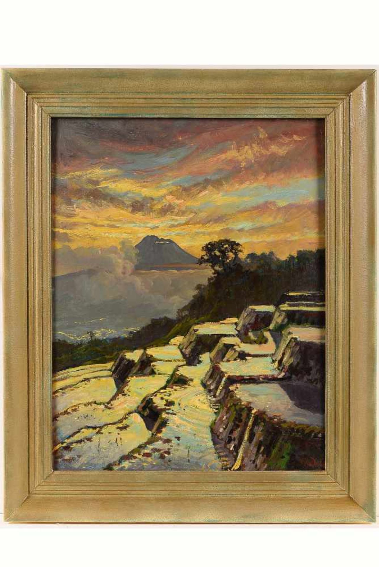 Carel Lodewijk Dake jr. (1886-1946) 'Sawah with vulcano in the background', signed lower right, - Image 2 of 4