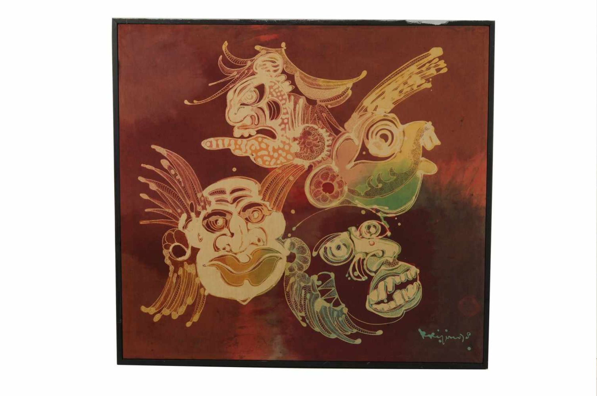 Krijono (1951-2011) 'Masks', signed and dated '79 lower right, batik on canvas. 79 x 85 cm. - Image 2 of 4