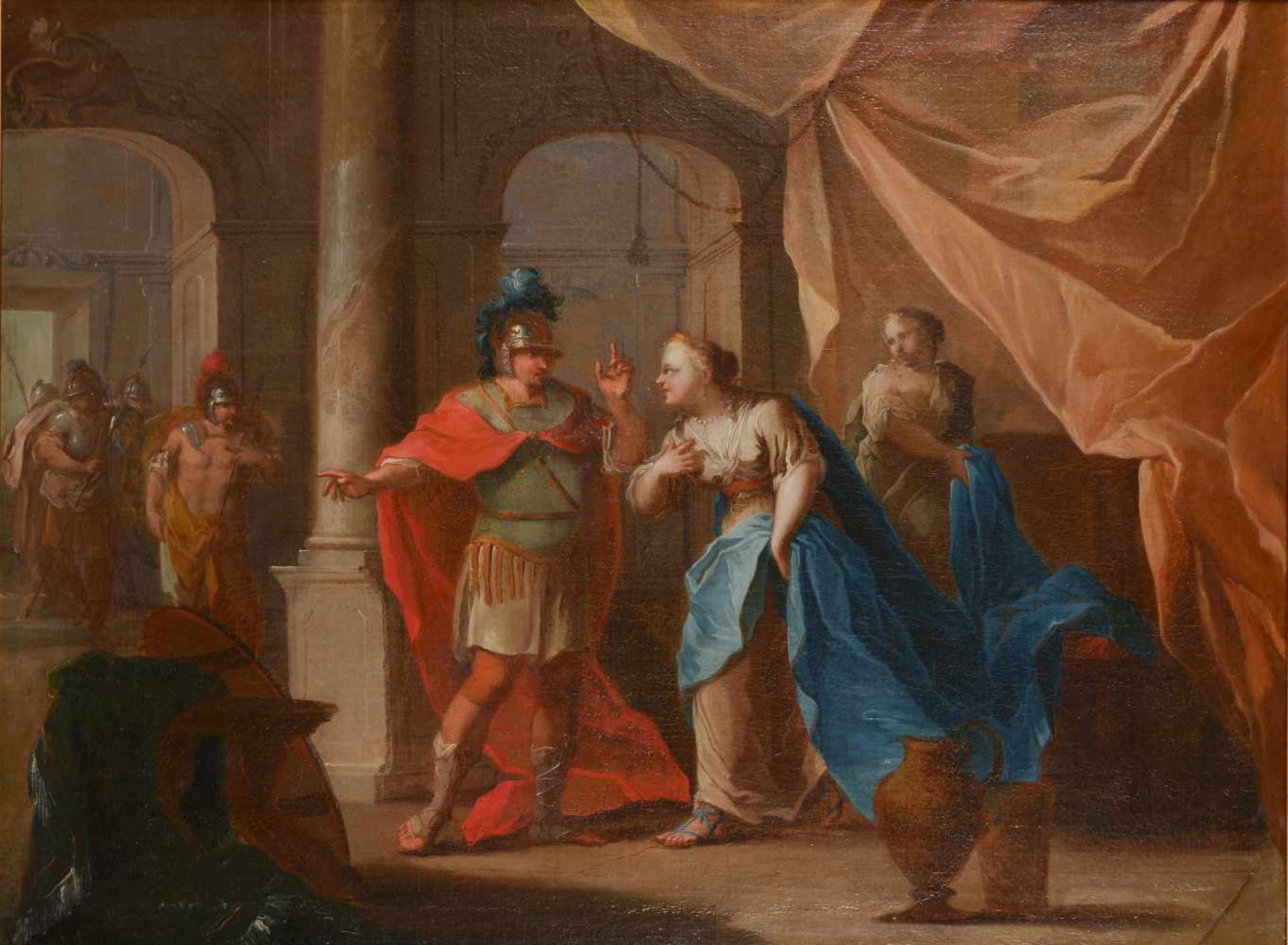 Vlaamse School (18e eeuw) 'Paleisinterieur met twee dames en Romeinse soldaten', niet gesigneerd,