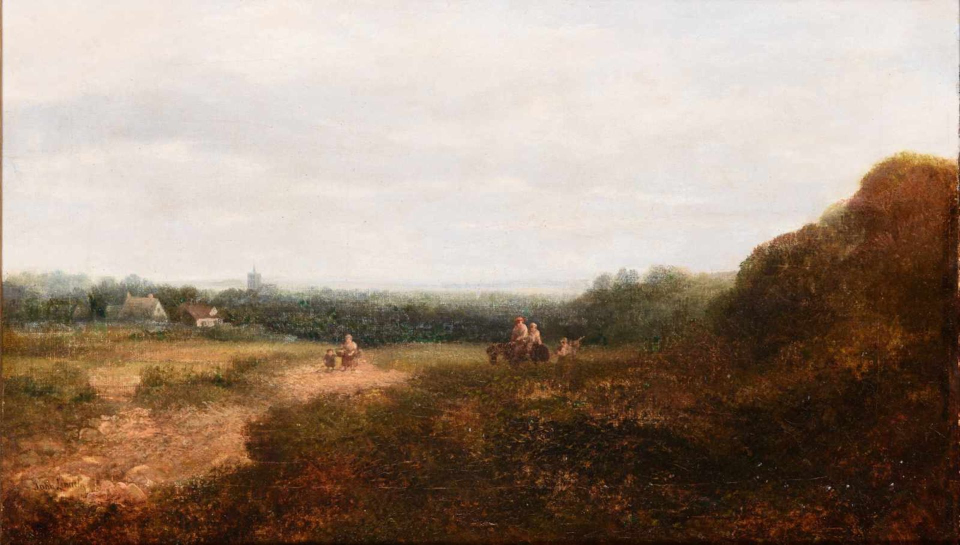 John Linnell (1792-1882) 'Engels heuvellandschap met figuren', gesigneerd l.o., doek. Afm. 30 x 50