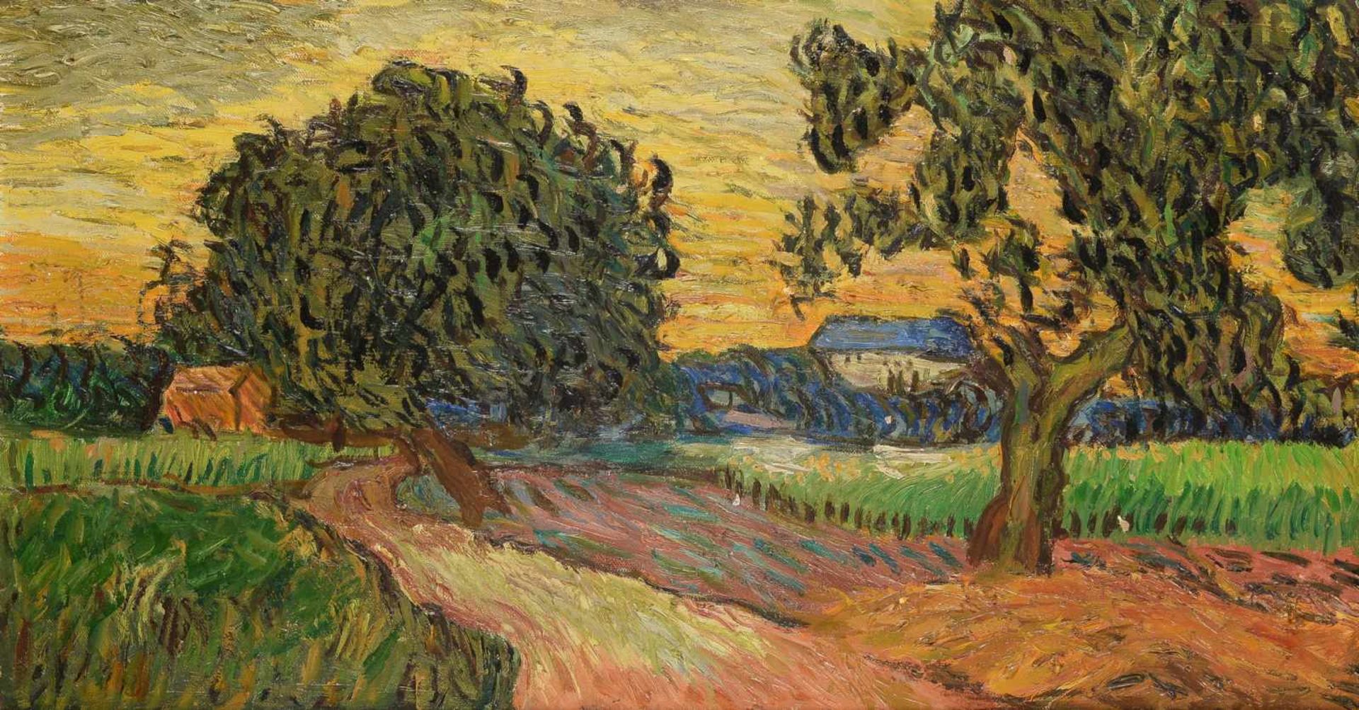 Post-Impressionisme (20e eeuw) 'Landschap', niet gesigneerd, doek. Afm. 30 x 55,5 cm.