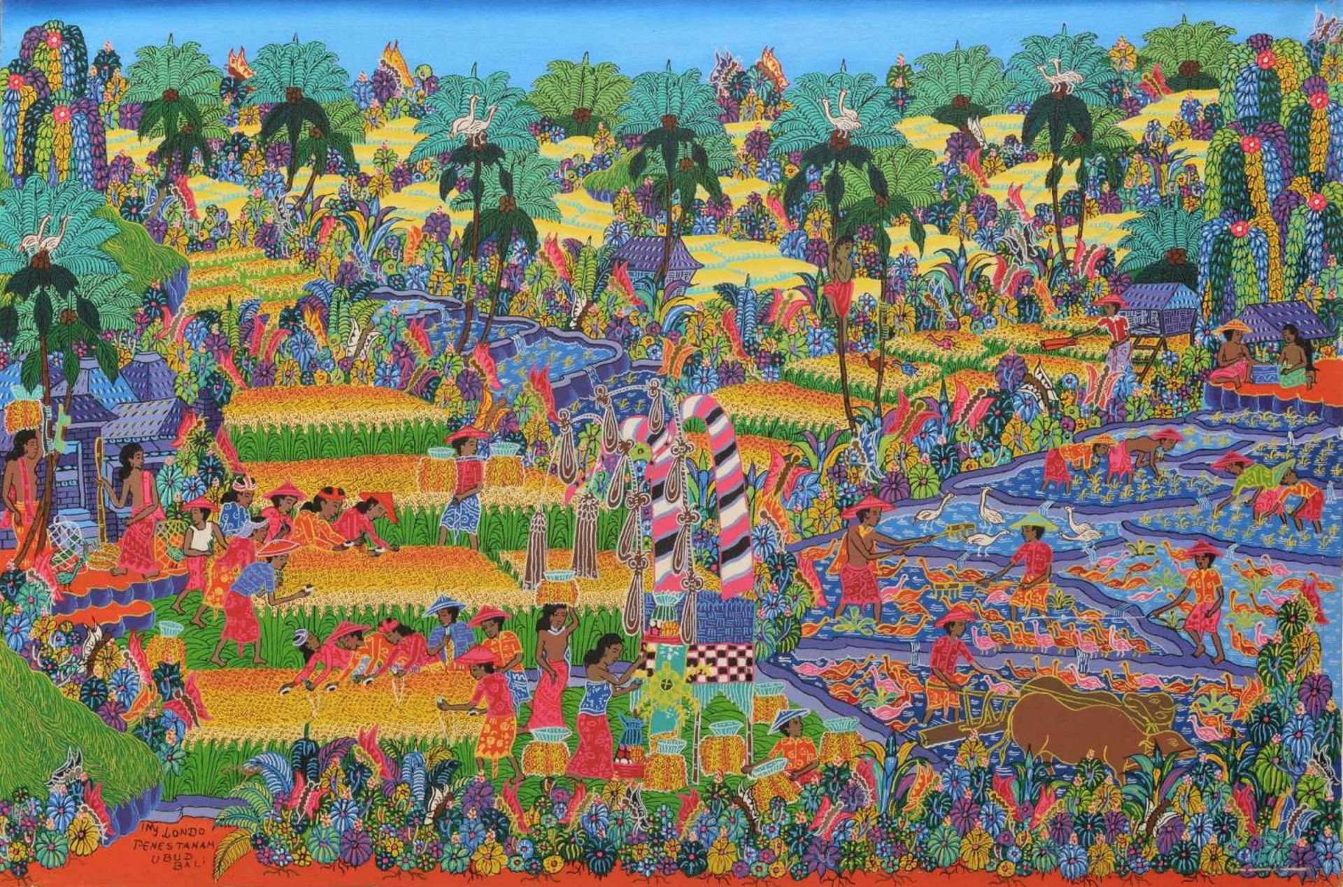 Nyoman Londo (1945-) Lot of two paintings, 'Bali life', both signed and 'Penestanan, Ubud Bali',