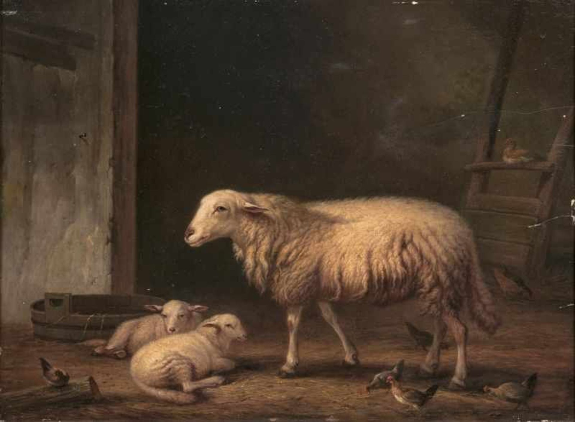 François Vandeverdonck (1848 - nach 1890) Schaf mit Lämmern im Stall Öl/Holz, 47,5 x 57,5 cm, l.