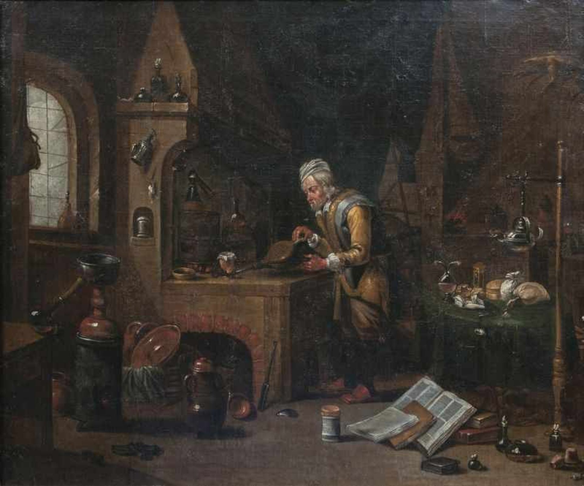 Gérard Thomas (Antwerpen 1663 - Antwerpen 1720), zugeschr. Der Alchimist Öl/Lw., 70 x 78 cm, besch.,