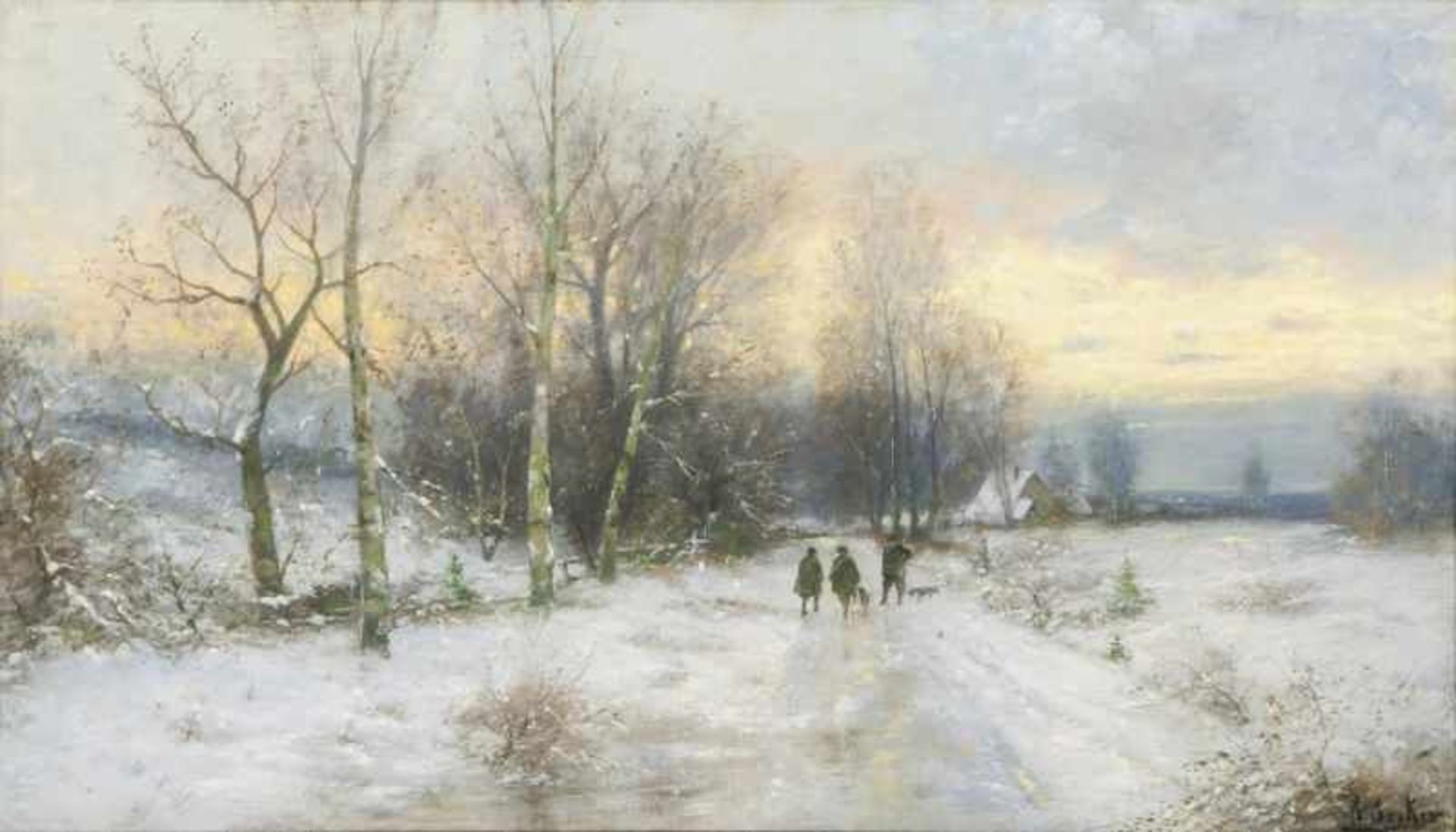 Rudolf Becker (Hamburg 1856 - nach 1891) Drei Männer im Schnee Öl/Lw., 65,5 x 109,5 cm, r. u.